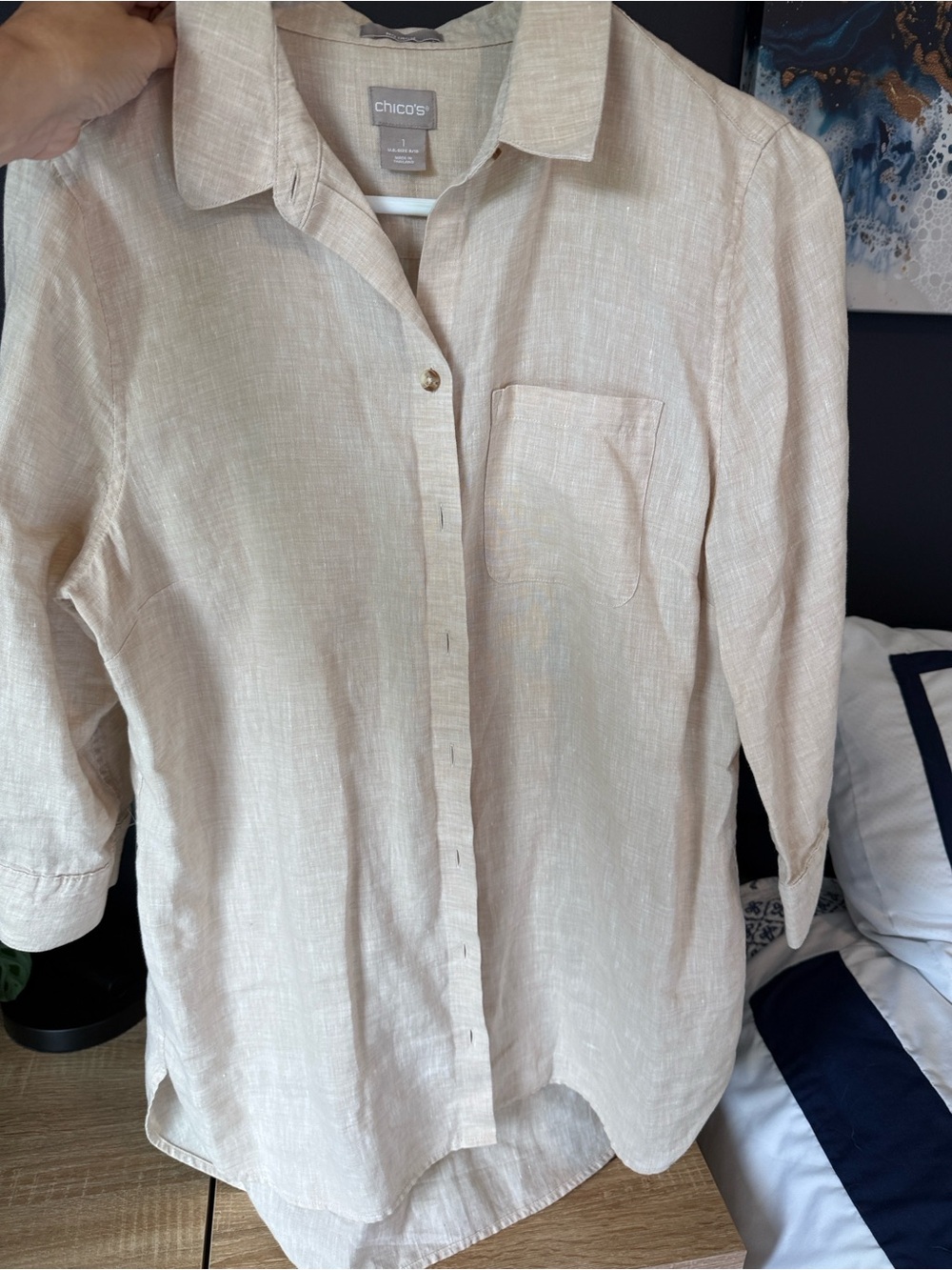 Like New, Sz 1 Chico's Beige Linen-Blend Button Front Casual Shirt